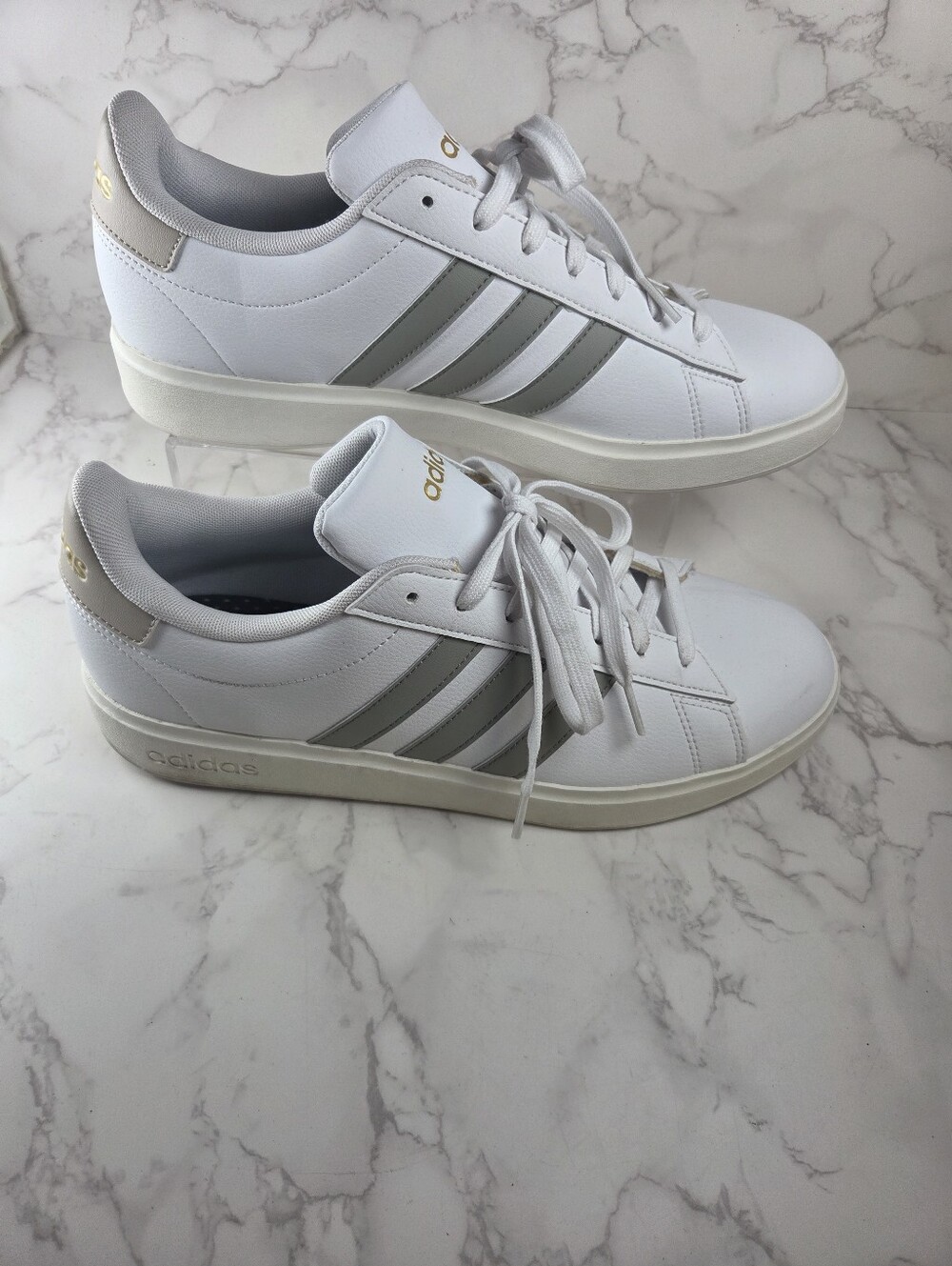 adidas White Sneakers with Gray Stripes and Gold Logo